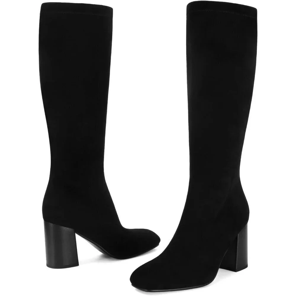 Women's Black Suede Faux Leather Fashion Square Toe Chunky Heel Knee High Boots